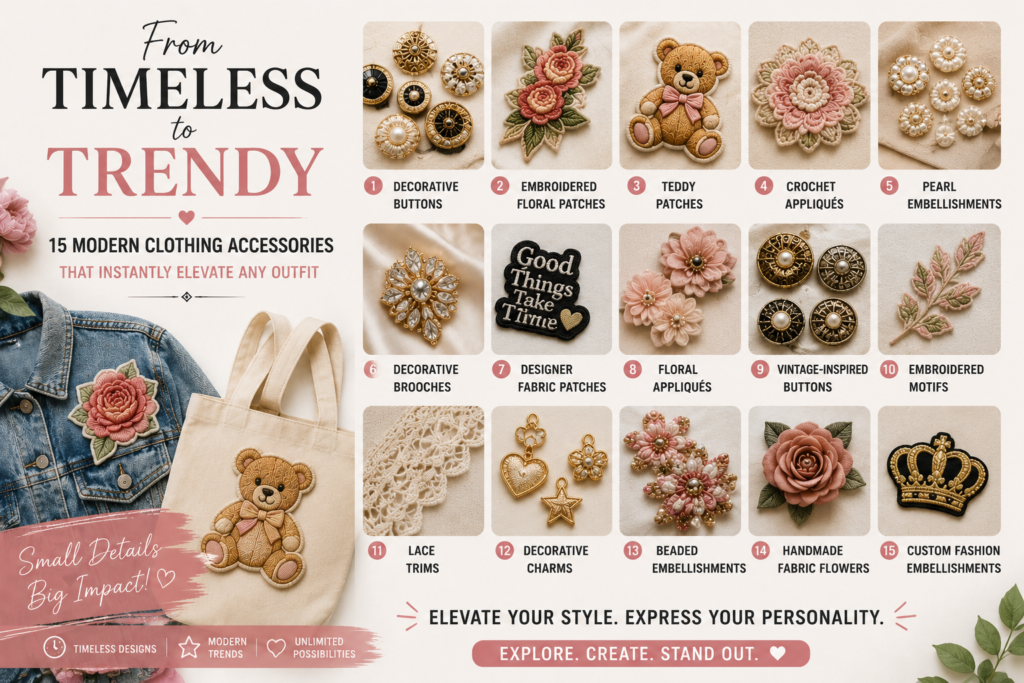 Modern clothing accessories including decorative buttons