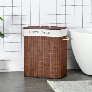 Bamboo Laundry Basket with Lid and String Handles, Collapsible Laundry Hamper with 2 Removable Bags, Brown